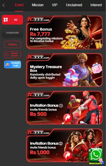 AC777 Game Bonuses Interface